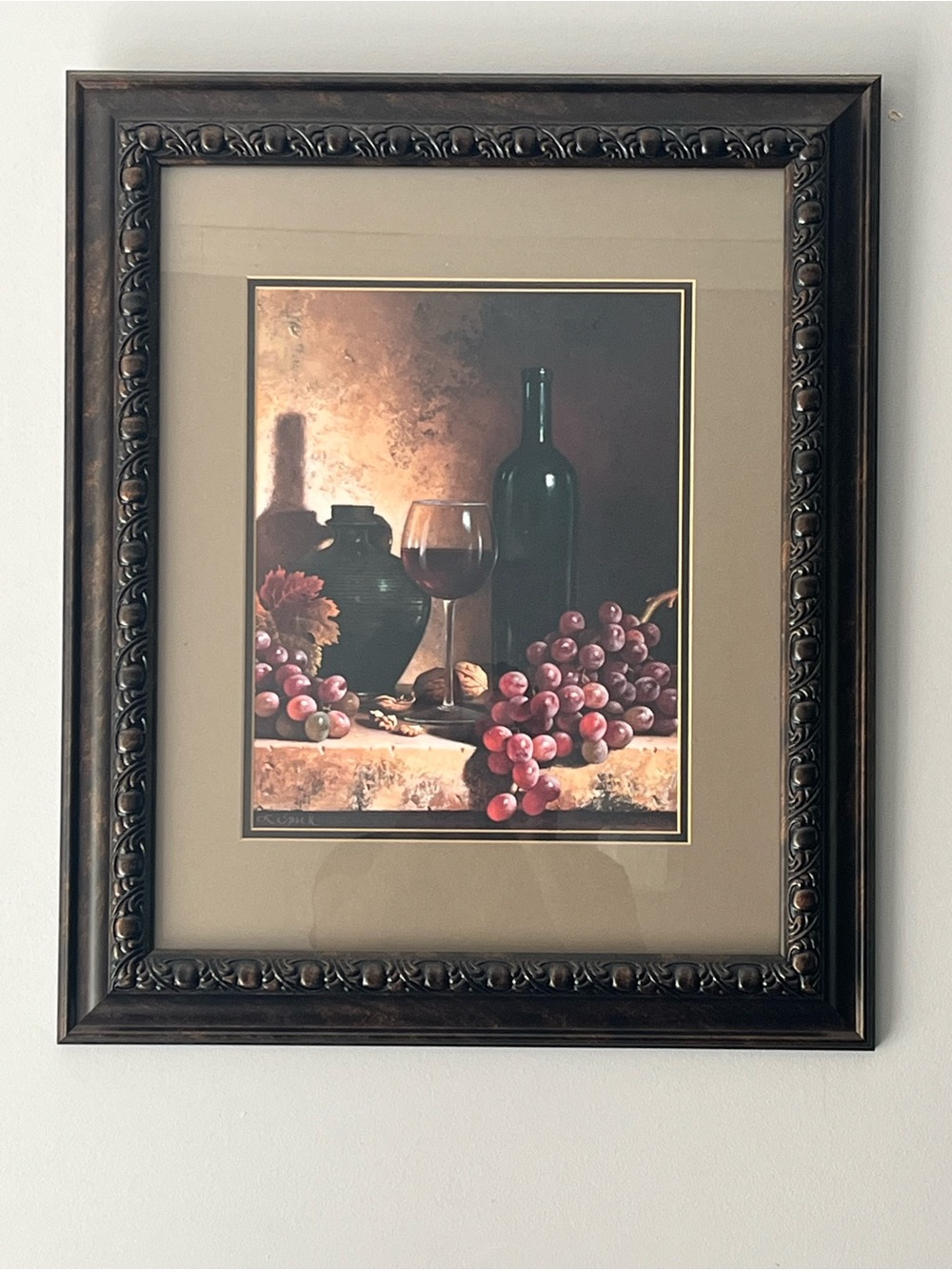 Framed Wine & Grapes Still Life Wall Art – Ornate Dark Wood Frame